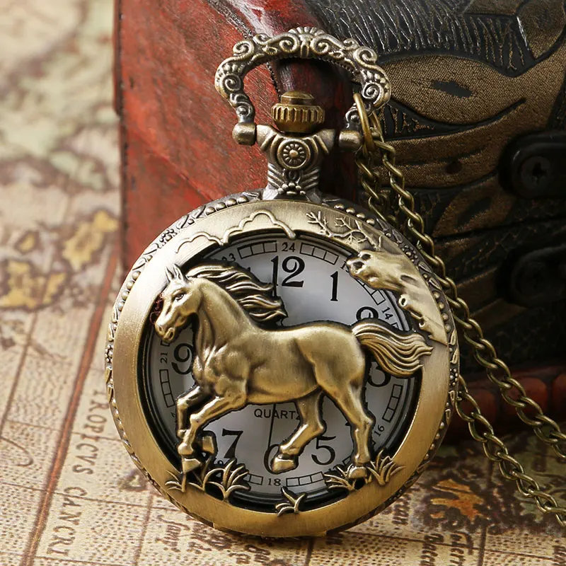 TIEDAN Hollow Horse Quartz Pocket Watch Necklace Vintage Bronze Trend Fashion Watch Pendant Chain Fob Watch