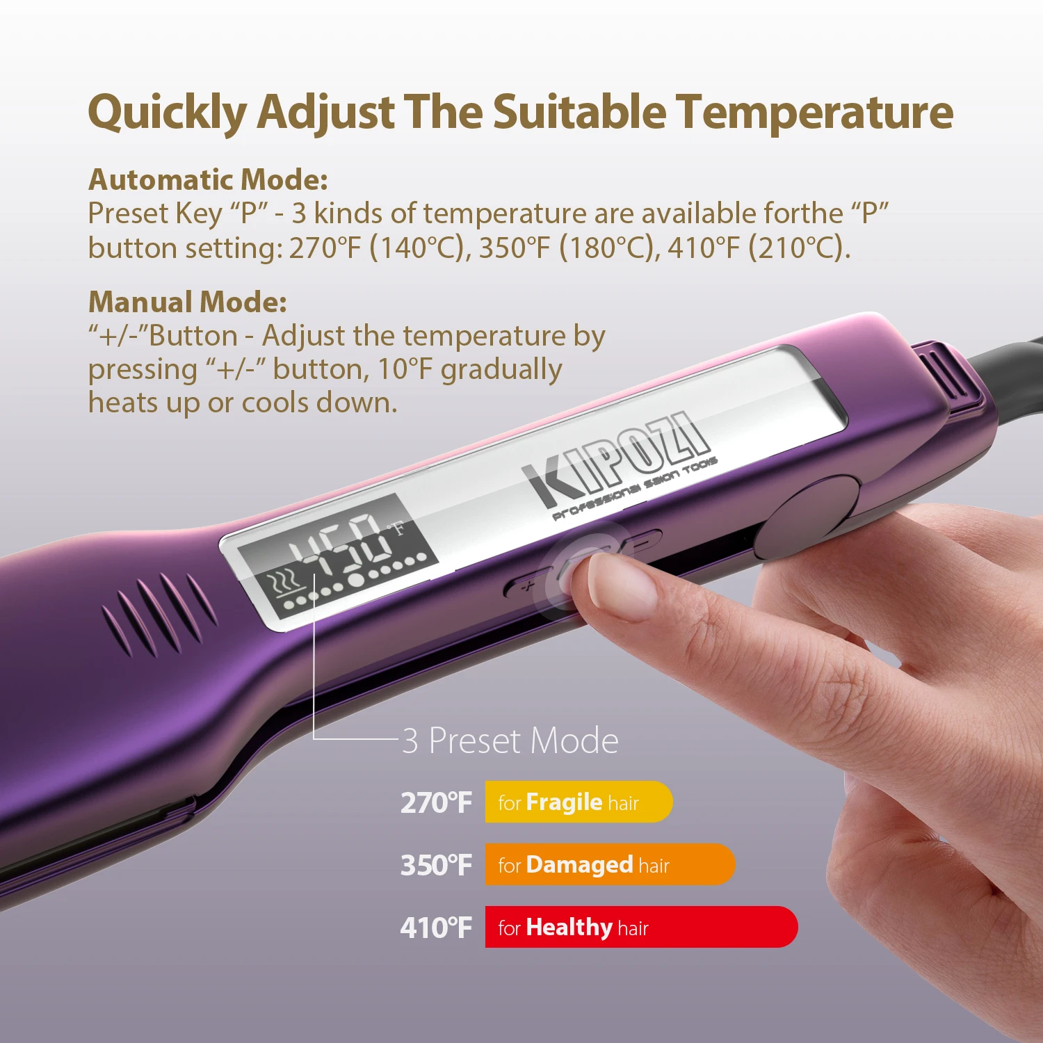 KipocoZI KP-139 alisador de cabelo profissional, temporizador inteligente de calor rápido, ferro plano com display LCD, ondulação e alisamento de