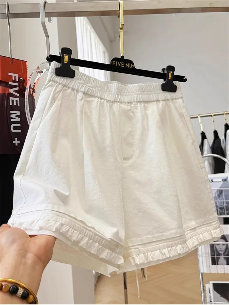 

Korean Fashioin Cotton Linen Shorts Women Loose Elastic Waist Short Trousers Summer New Ruffled Wide Leg Pants