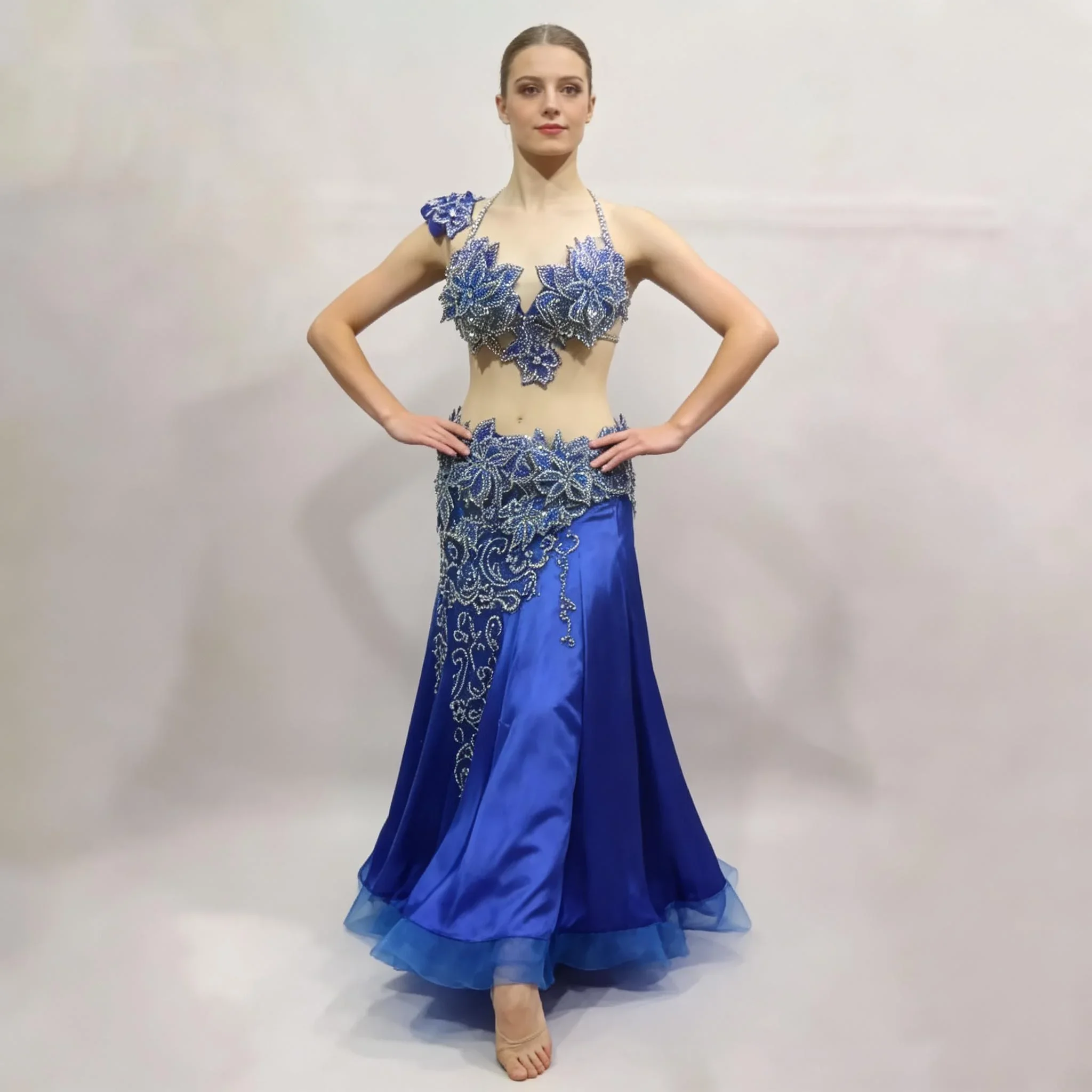 Royal Blue Belly Dance Costume Set Luxury Heavy Craft Oriental Dance Outfit Big Swing Skirt For Adult Ladies Stage Competition