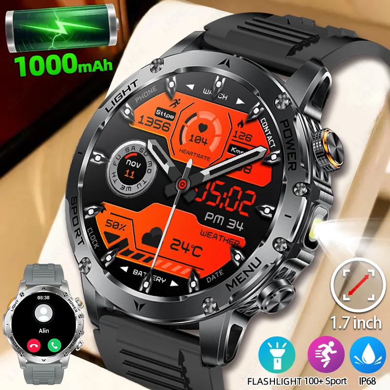 

LIGE 1000 мАч супер емкость аккумулятор для взрослых мужчин умные часы 1,7 дюйма фонарик Bluetooth вызов IP68 водонепроницаемые умные часы спортивные