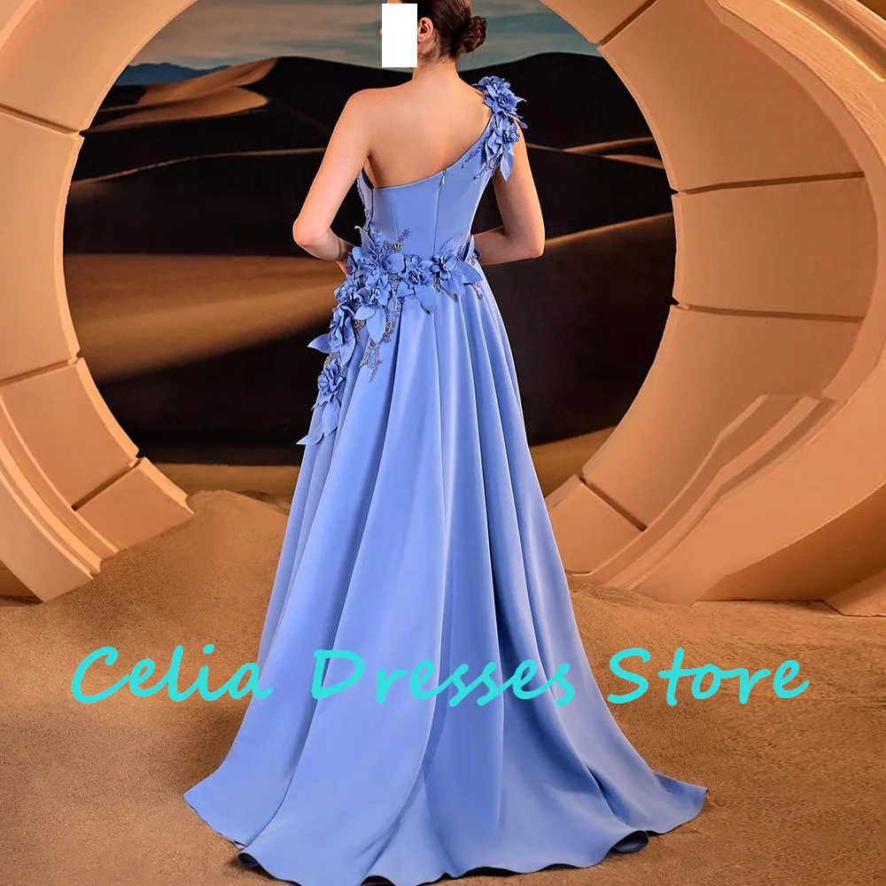 Blue Elegant Luxury Evening Dress 2024 Straight Jersey Sleeveless One Shoulder Floor Length Sweep Train Pleats Flowers Beading