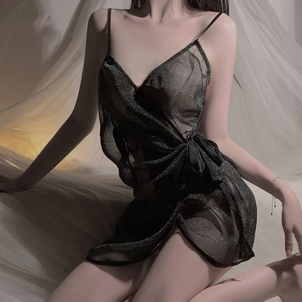

Fashion Transparent Shiny Silk Nightgown Pleated Women Lingerie Lace Up Nightwear Sleeveless Deep V Nightdress Women