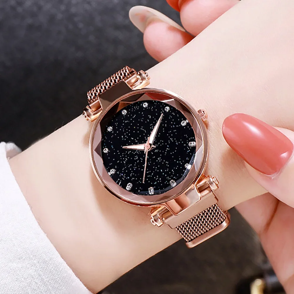 5pcs Women Fashion Starry Sky Watches Magnet Buckle Mesh Belt Diamond Quartz Watch Women Dress Clock Wristwatches for Girl Gift