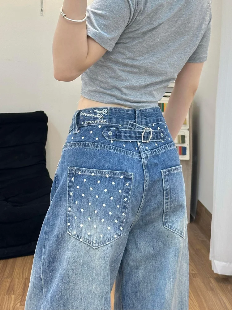 

Американские джинсы с принтом «Hot Girl Design Star», с высокой талией, широкими штанинами, женские, летние, в стиле ретро, уличная мода, трендовые джинсовые брюки, повседневный крой