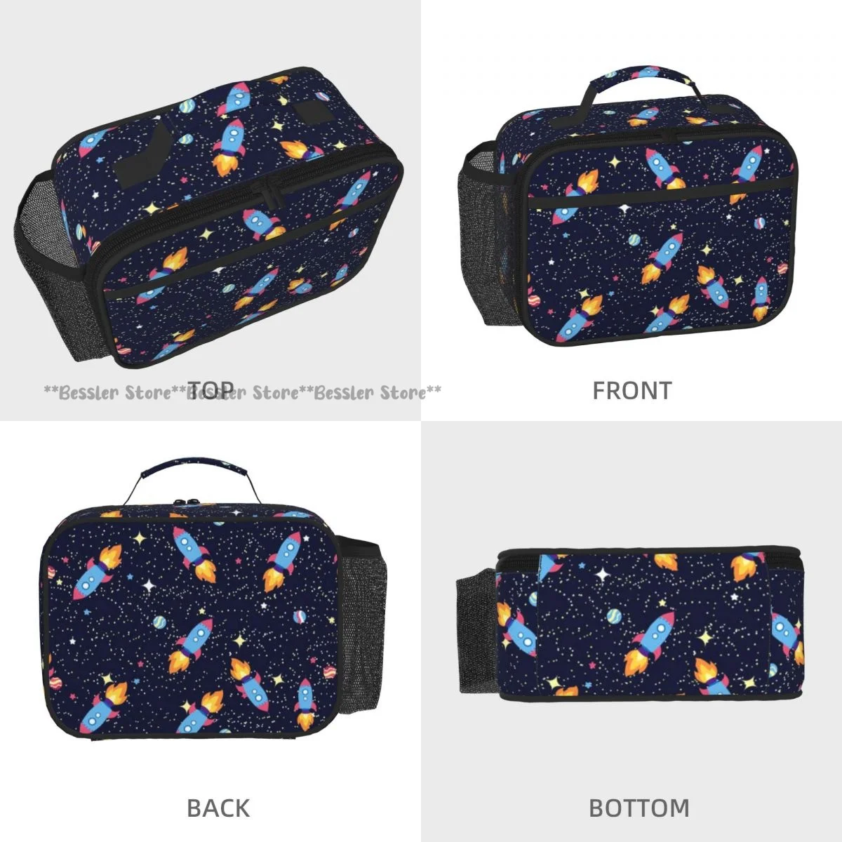 Hand Tote Insulated Lunch Bag Space Planets Rockets And Stars Cartoon Spaceship Thermal Bento Box Handbag for Picnic