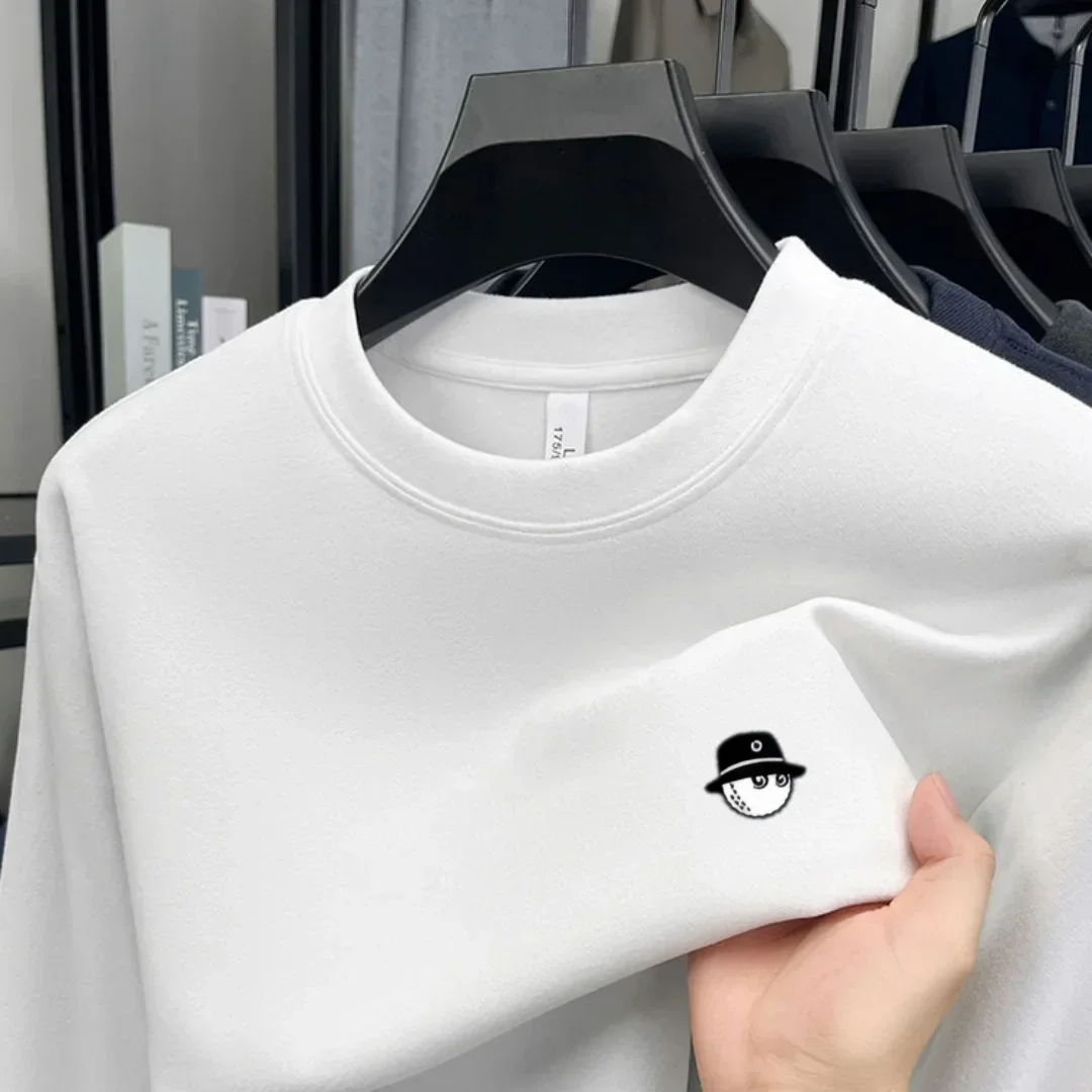 Camiseta masculina de manga comprida, gola redonda, de algodão macio, de marca de luxo, com estampa moderna para o outono, corte folgado, estilo corea