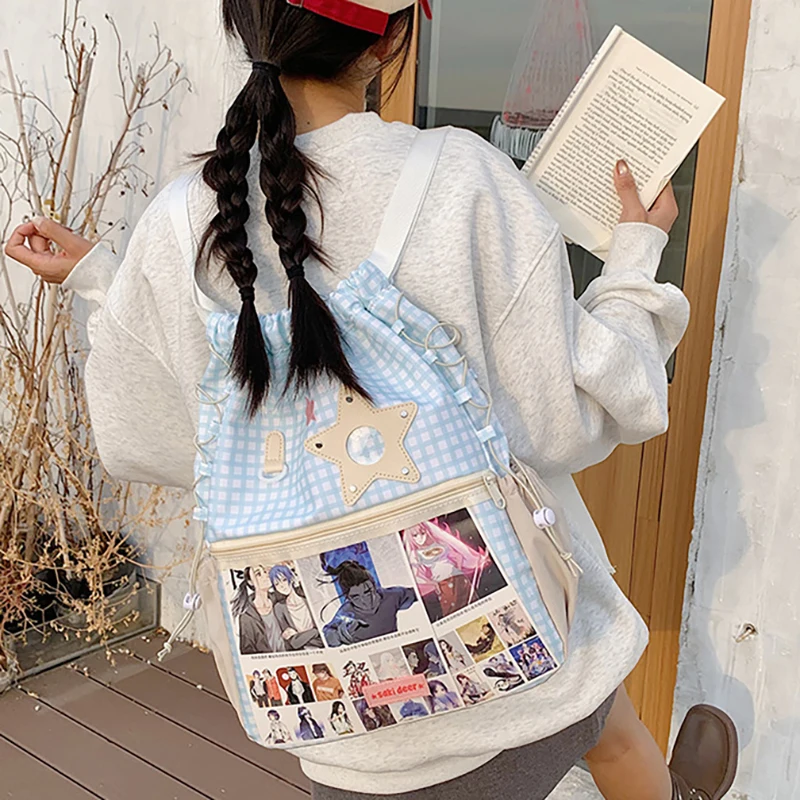 Tas Ransel Wanita HAEX Harajuku Plaid Tren 2025 Kasual Sehari-hari untuk Pelajar Mochilas Para Mujer Dopamine Clear Window Ita Bag Wanita