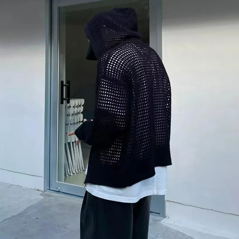 2026 Mantel Kasual Pria Berlubang Bernapas Cardigan Sweater Musim Panas Ringan Berkerudung Rajutan Atasan Korea Trendi Pakaian Streetwear