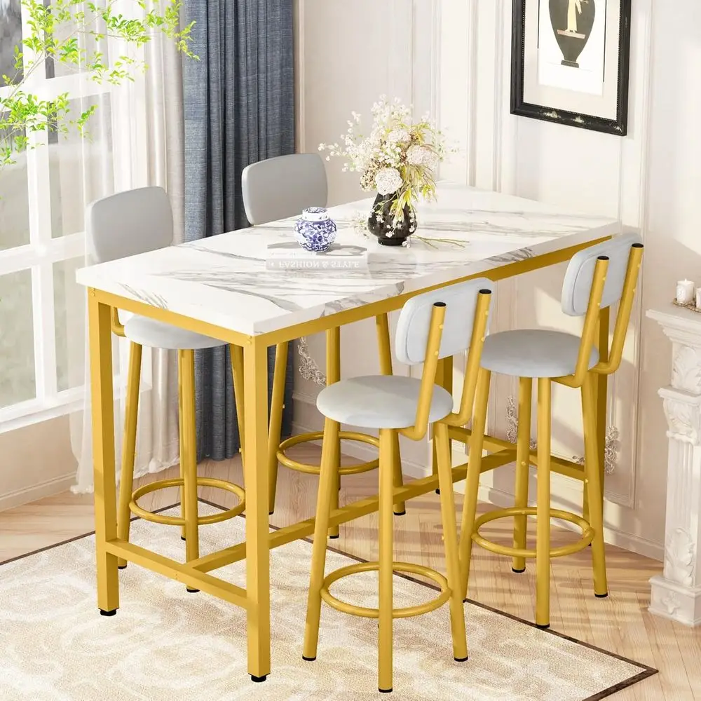 

Marble Counter Height Dining Set with 4 PU Upholstered Stools for Kitchen or Restaurant, Space-Saving, Gold and White
