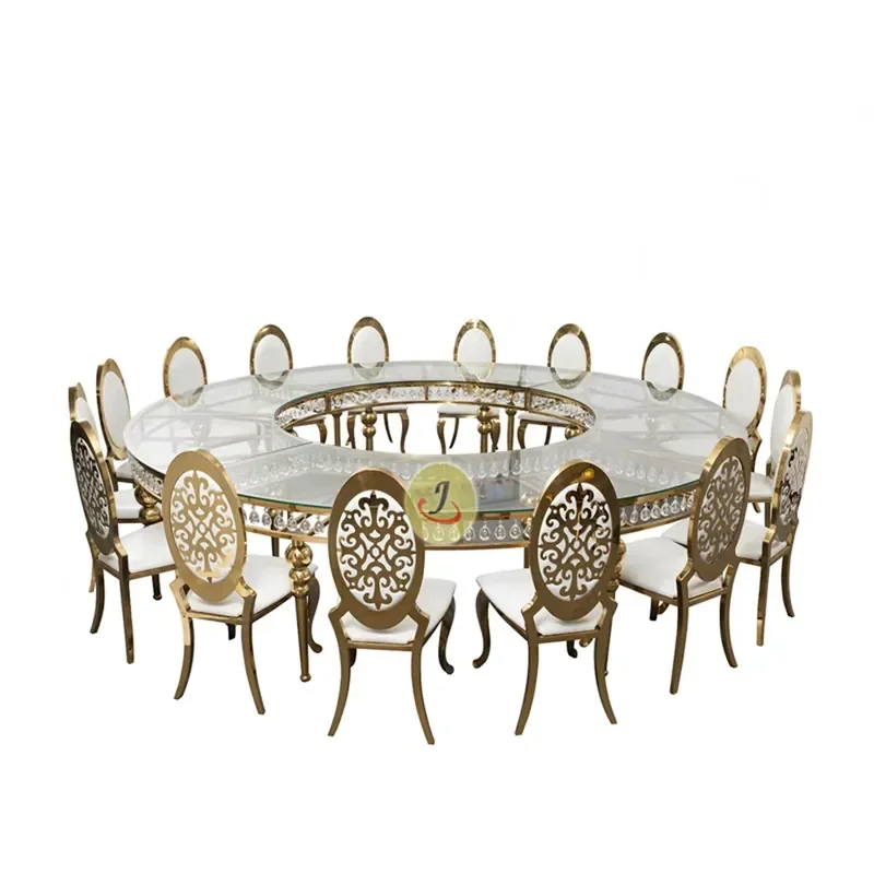 #Royal Design Modern Golden Stainless Steel Glass Top Round & Serpentine Shape Crystal Wedding Hotel Outdoor Dining Table
