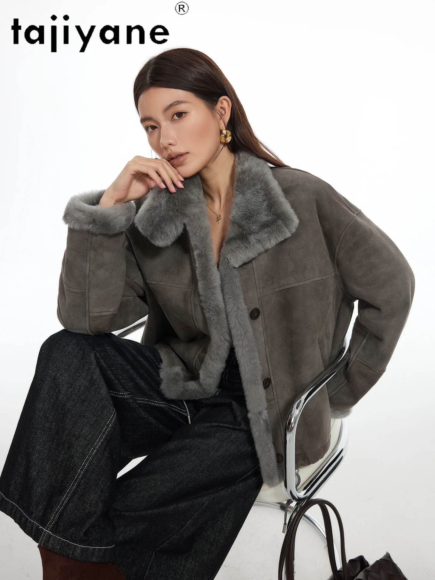 TAJIYANE Natürliches Merino-Schaffell mit angebrachtem Wolljacken, Stehkragen, Echtpelzjacke, Damenbekleidung, 2025, Winter-Oberbekleidung