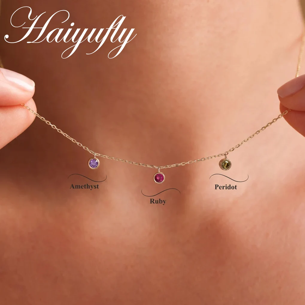 Haiyufly Custom Multiple Birthstone Necklace for Women Family Personalized Colorful Zircon Stainless Steel Jewelry Chain Gift