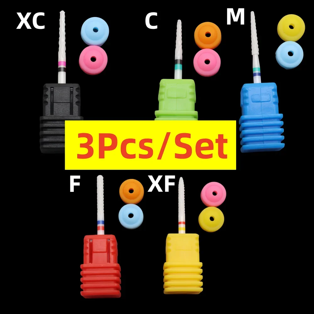 3Pcs Ceramic Nail Drill Bit Set, White Grinding Head with 2 Silicone Dust Caps for Gel Polish Removal, Manicure