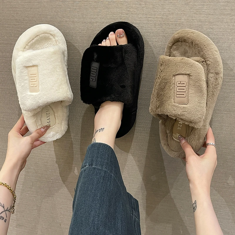 New Women Slippers Autumn and Winter Fur Slippers Indoor Household Slippers Soft Bottom Solid Color Home Cotton Slippers Fashion