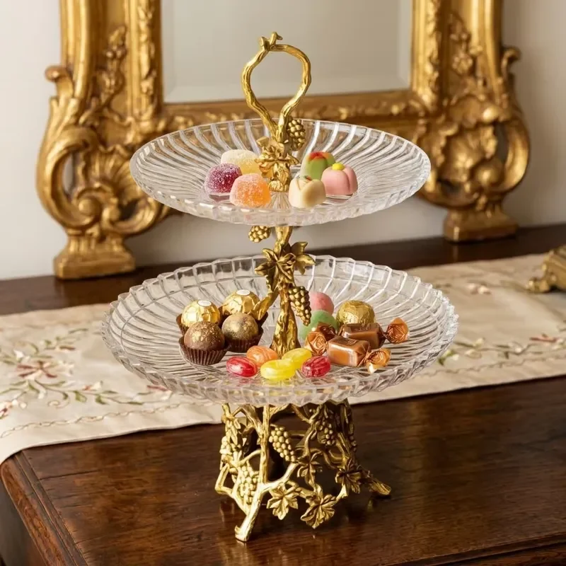 Luxury Crystal Glass Snack Bowl Set with Copper Plated Tray for Living Room Dining Table Home Decor Elegant Fruit Dish Holder