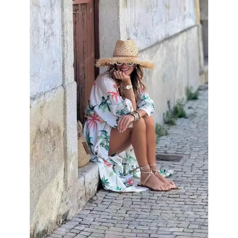 Women's 2025 Summer Sun Cover Up Printed Kimono Cardigan Three-Quarter Sleeve UV Protection Beach Tunic Resort Vacation Swimwear