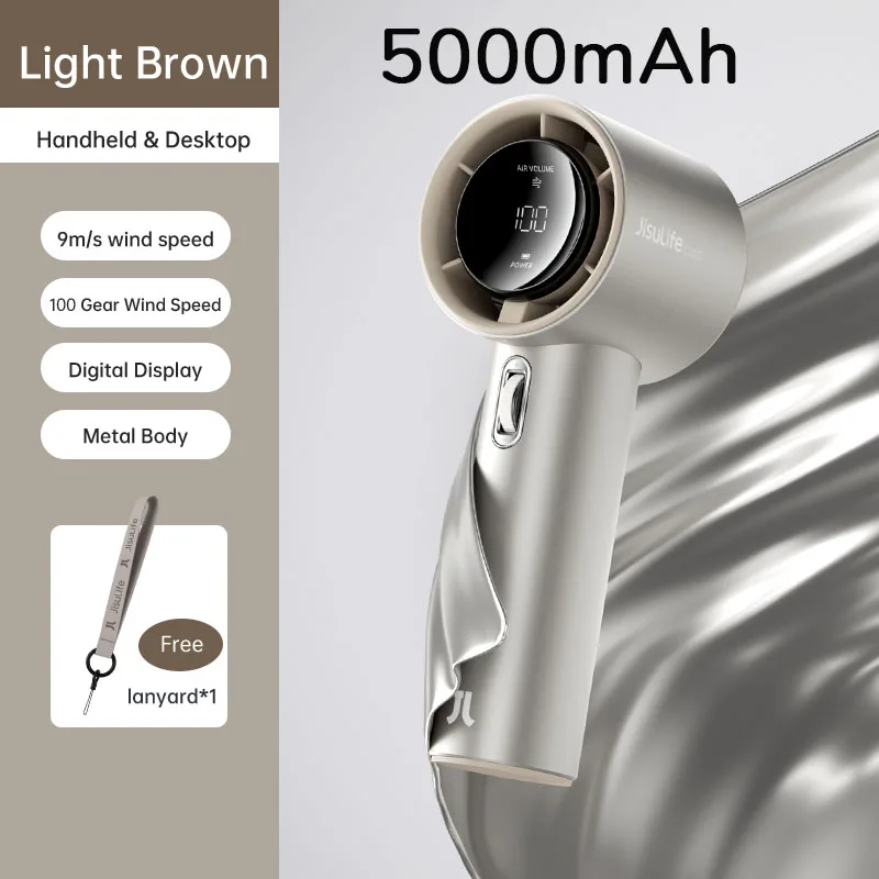 JISULIFE Mini draagbare handventilator, 100 windsnelheden, 5000 mAh USB-batterij oplaadbaar, LED digitaal display, reizen, kamperen, buiten