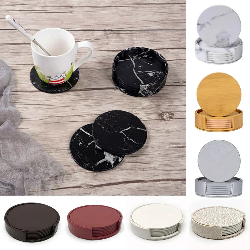 6PCS Hot Sale PU Leather Marble Coaster Drink Coffee Cup Mat Easy To Clean Placemats Round Tea Pad Table Holder Coasters