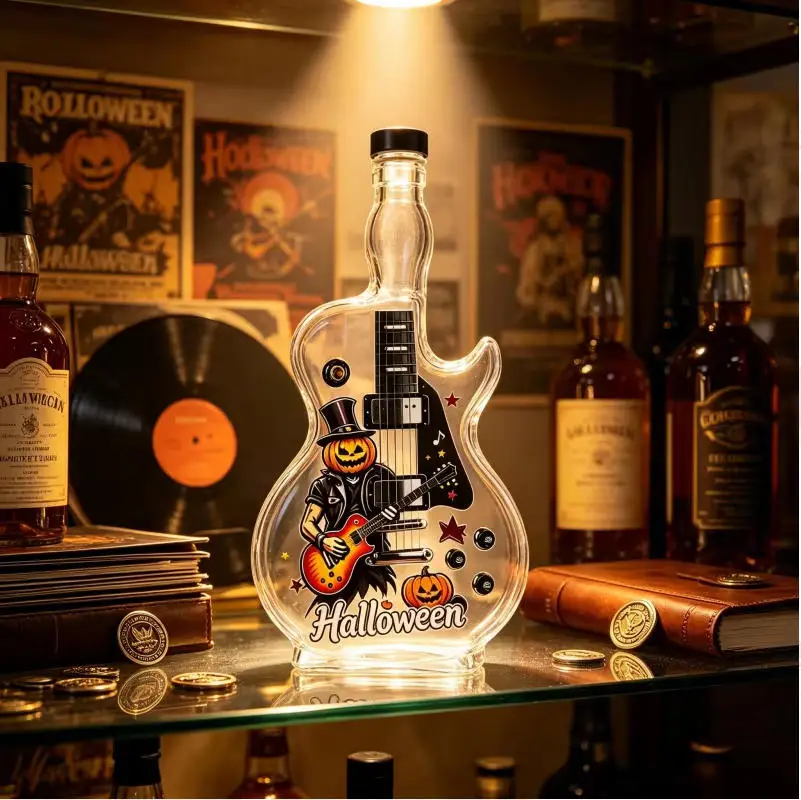 Halloween Whiskey Decanter Guitar Shaped Punk Rock Pumpkin Print Lead Free Crystal Liquor Bottle Retro Home Bar Gift