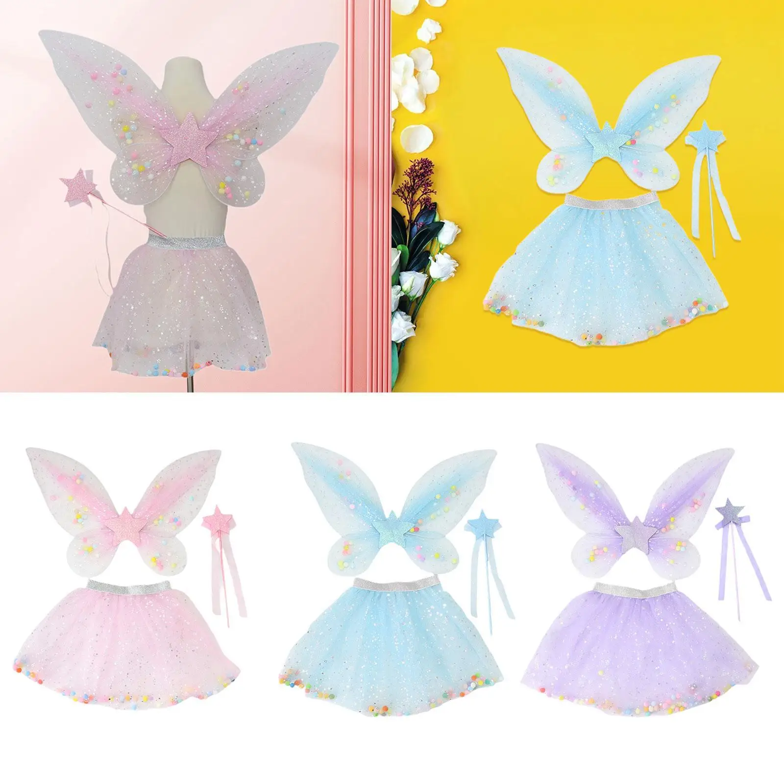 3x Fairy Wings Tutu Skirt and Stick Set for Girls Holidays Butterfly Costumes