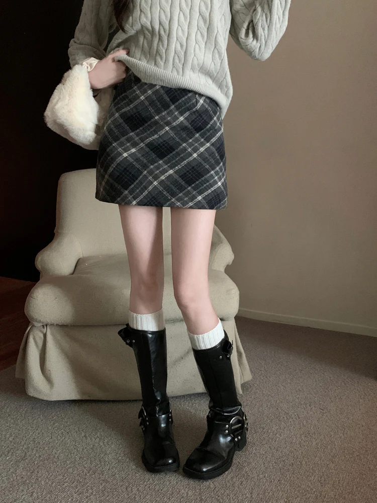 Hohe Taille Plaid Woolen Rock frauen Herbst Winter Vintage Alle-Spiel ort A-linie Rock Koreanische Sle Casual Rock