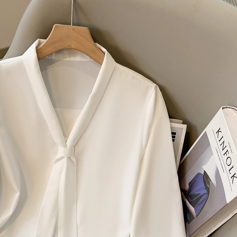 الصلبة رقيقة الشيفون حجم كبير قميص 2025 المرأة أنيقة فراشة عقدة الخامس الرقبة بلوزة ربيع الخريف موضة طويلة الأكمام بلايز #5