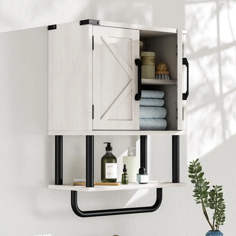 

Bathroom Wood Wall Cabinets, Farmhouse Medicine Cabinets Organizer With Towel Bar, Hanging Small Storage Cabinet With