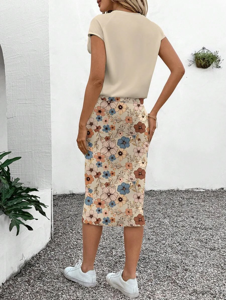 Women's Spring/Summer Fashion Two-Piece Set - Solid Color Elegant Round Neck Vest + Small Floral Print Skirt Two-Piece Set