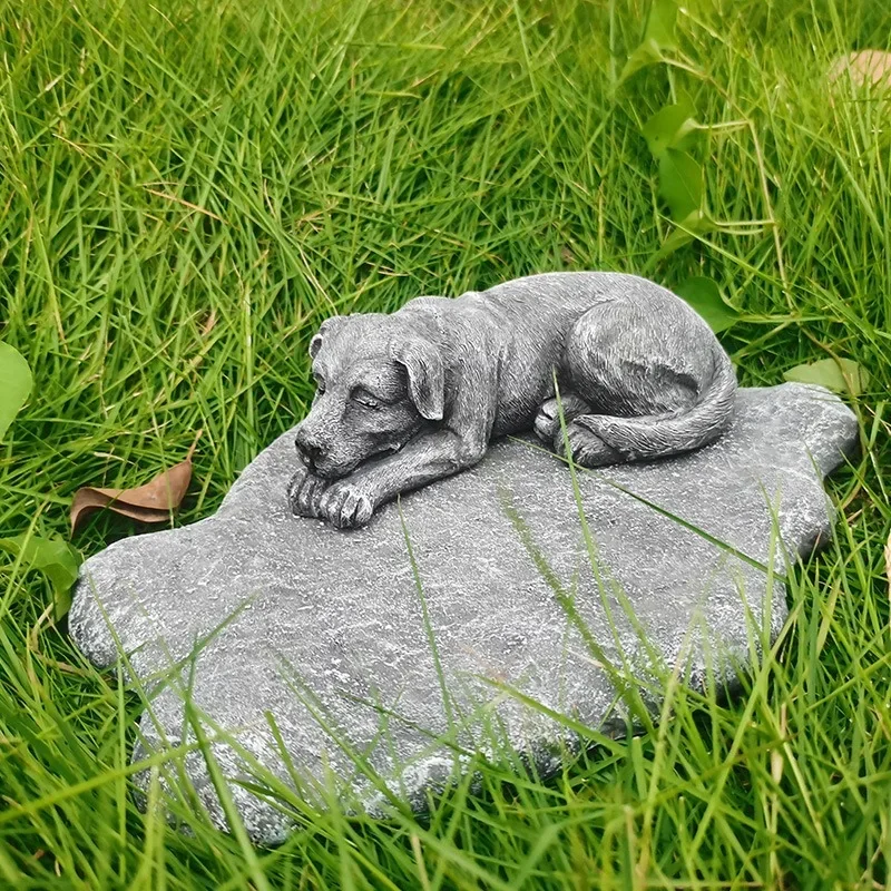 

Pet Memorial Rock Sculpture with Cute Dog Bed Design Gravestone for Garden Outdoor Resin Pet Tombstone Customizable