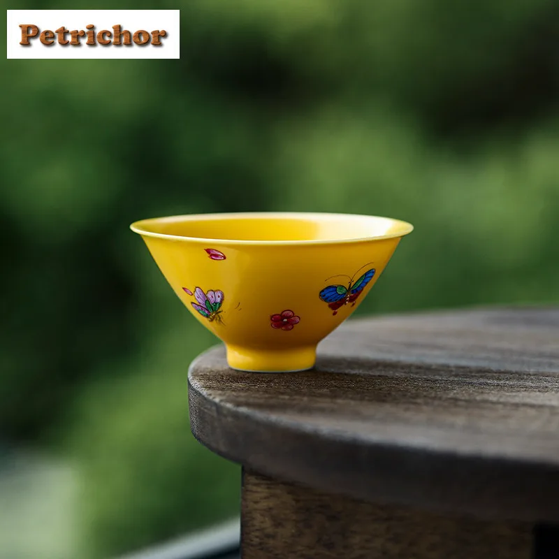 

100ml Hand-painted Butterfly And Flower Yellow Teacup Elegant Tea Bowl Mug Tea-tasting Smelling Cup Jianzhan Master Cups Cafes