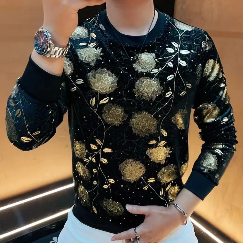 Black Gold European Fashion Men Velvet Gold Plated Round Neck Tee Shirt Homme Long Sleeve T-shirt  Social Club Clothing Designer