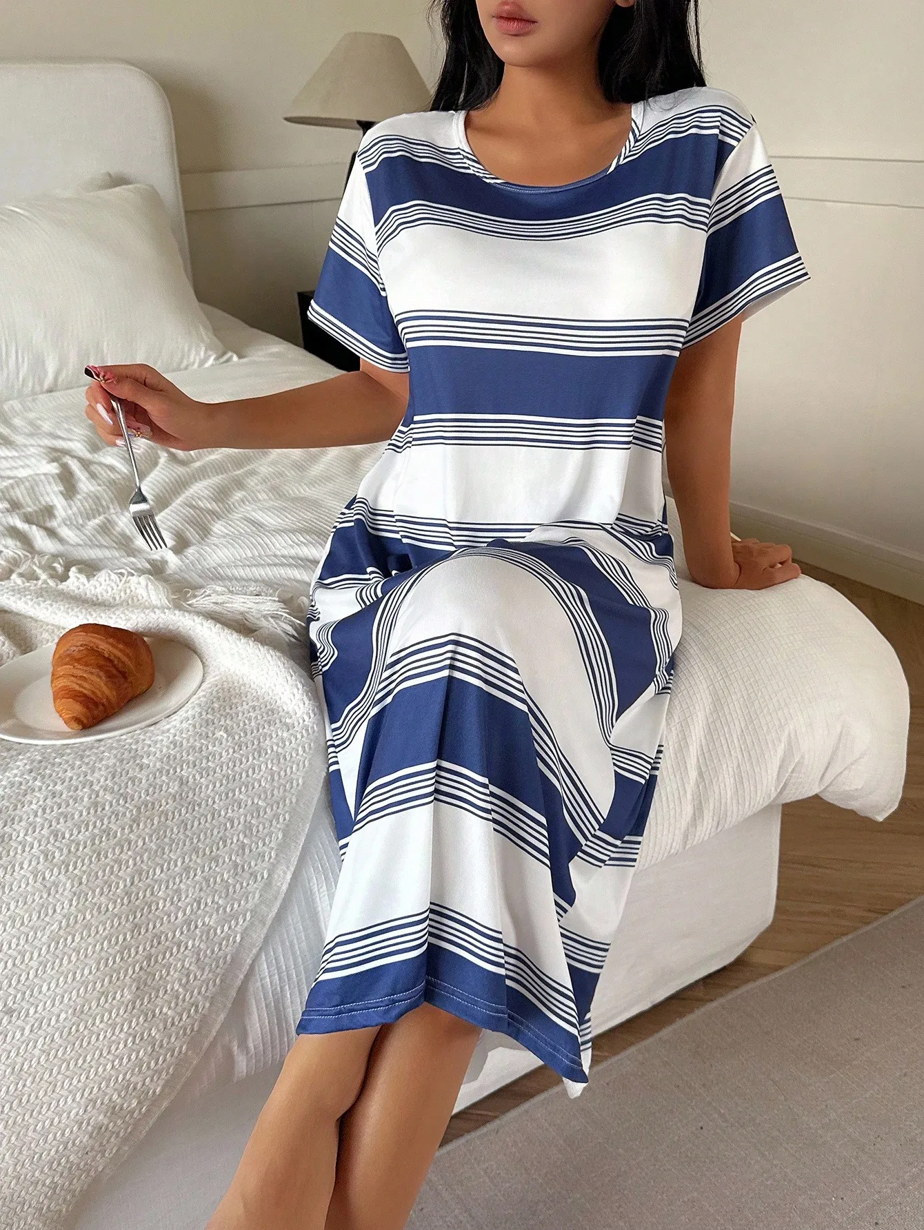 

Women's Loose Blue & White Striped Knit Midi Dress for Lounge or Sleep