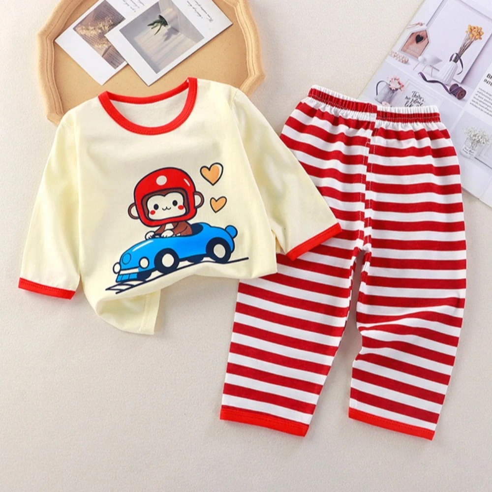 Summer New Children's Home Clothing Set, Boys' Cartoon Air Conditioning Clothes, Girls Thin Cotton Striped Pajamas Two-piece Set