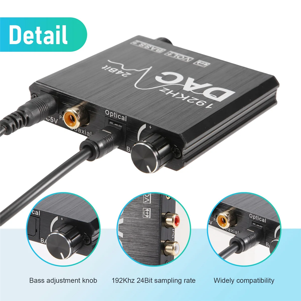 ABAN 192KHz Digital to Analog Audio Converter with Bass and Volume AdjustmentDigital SPDIF/Optical/Coaxial to Analog Stereo
