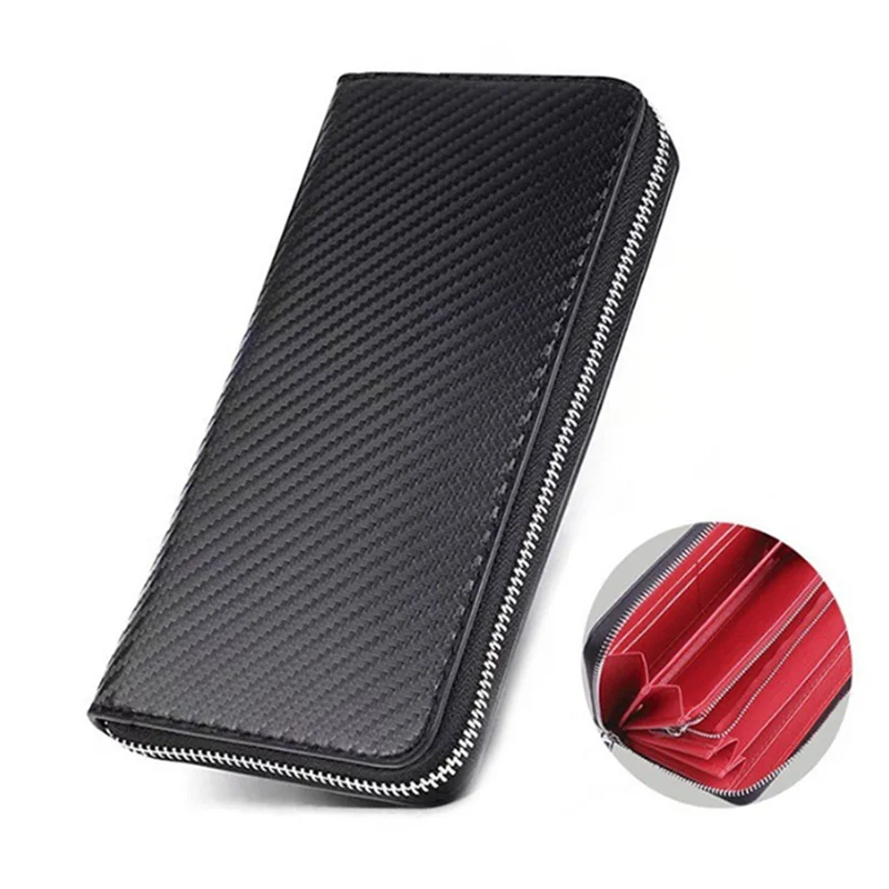 Portafoglio da uomo con cerniera lunga in pelle microfibra AC39-Carbon, clip per carte di grande capacità, porta banconote, tasca per cellulare