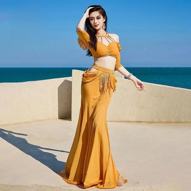 Trajes de dança do ventre para mulheres sexy com decote em v + saia rabo de peixe com borla 2 peças roupas de prática de dançarina do ventre roupas de dança adultas