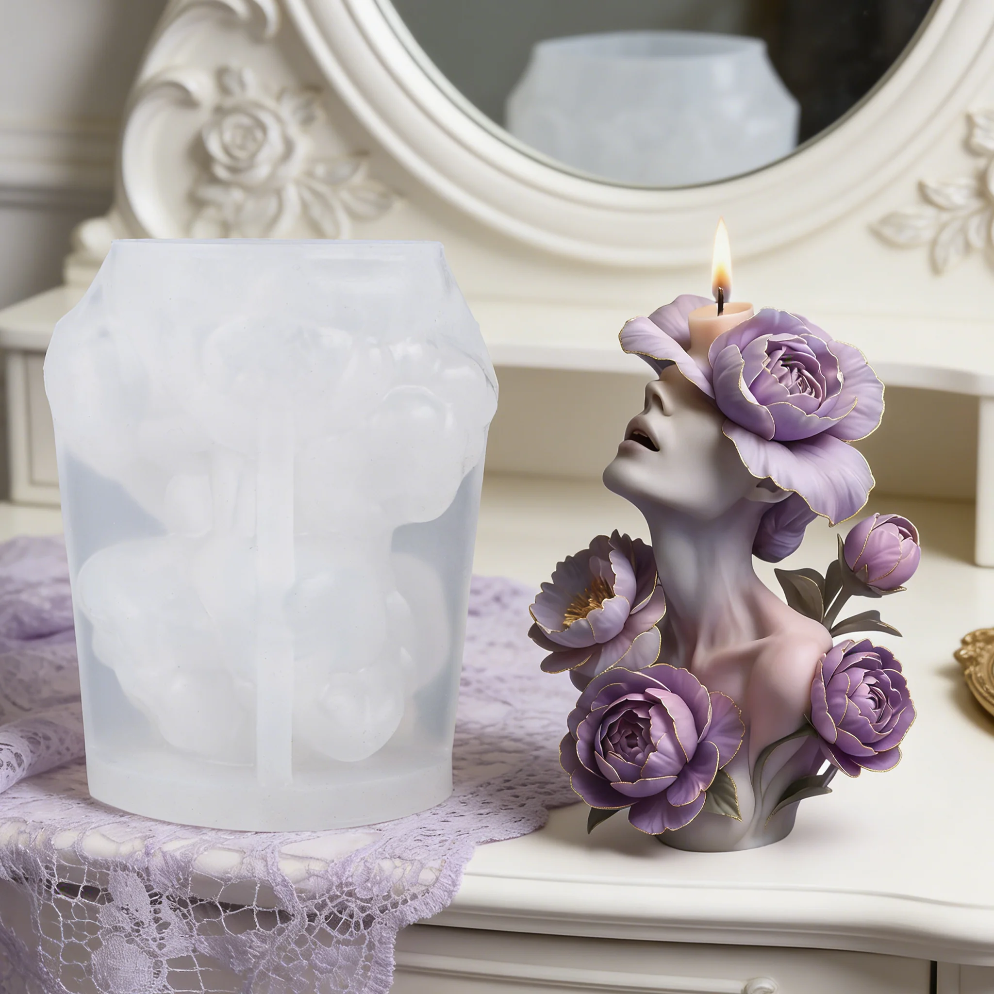

Фиолетовая форма для свечи «Богиня пиона», рельефная человеческая фигура с цветочной инкрустацией, самодельная роскошная художественная ароматическая свеча, романтический уголок для