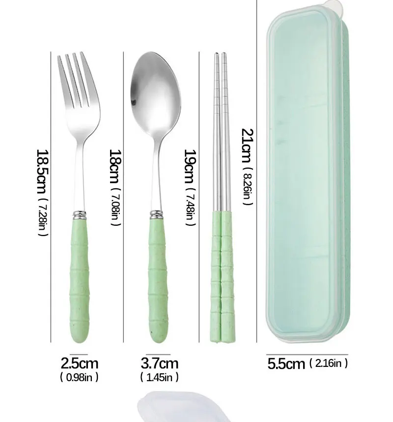 3-teiliges Set Edelstahl Tragbares Besteck Gabel Löffel Stäbchen Studenten-Besteckset mit Box Reise-Essbesteck – Detail 4