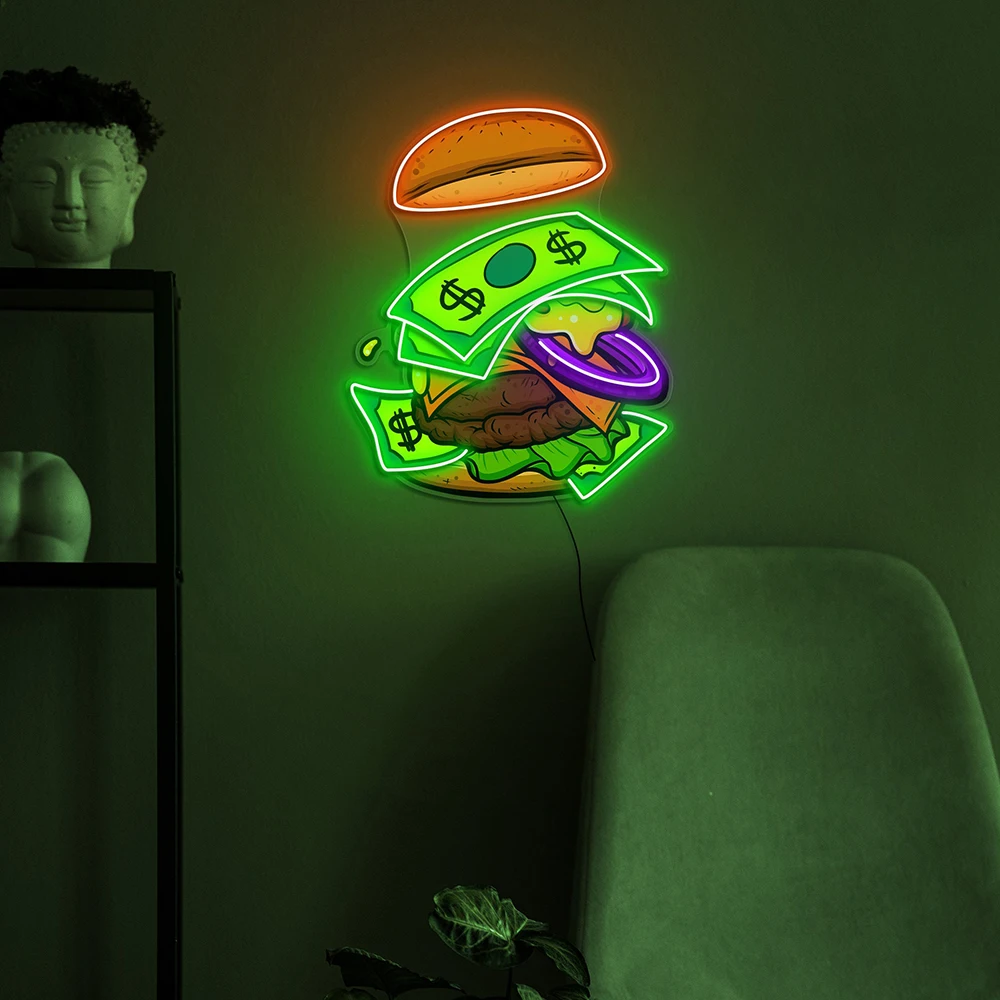 

Hamburger and Money Neon Light LED Pop Art Kitchen Restaurant Wall Decor Neon Sign Personalized Custom Fast Food Shop Neon Sign