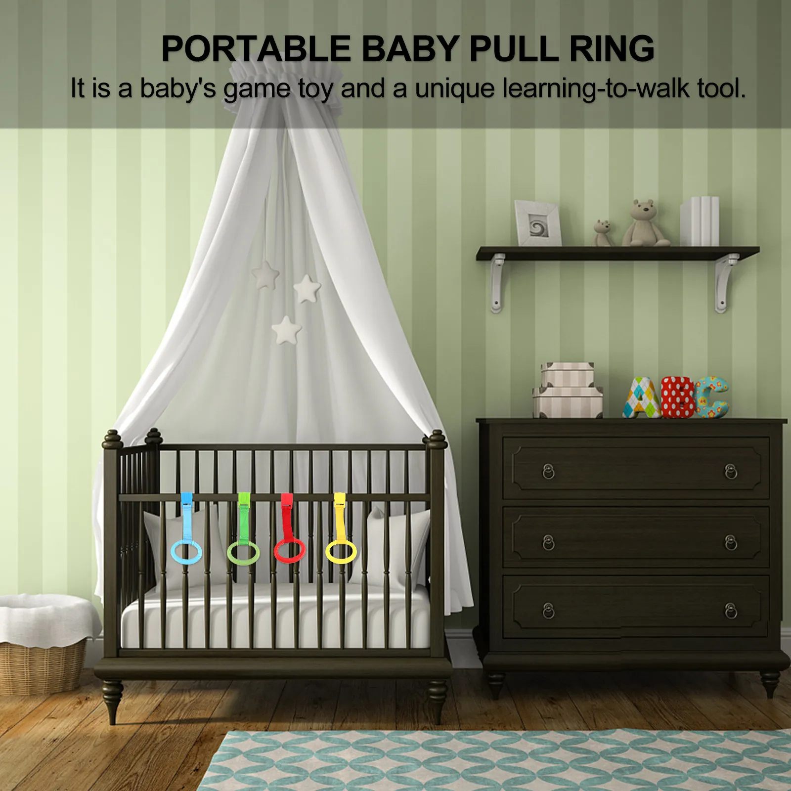 4Pcs Baby Pull Rings Infant Stand Hand Rings Portable Nursery Cot Bed Pulling Support Learning Aid Infant Pull Ring