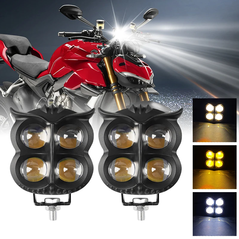 

Motorcycle Headlight LED Spot Light Owl Shape 4 Light Modes Dual Color White Yellow Strobe Fog Light Motorbike Running Lamp