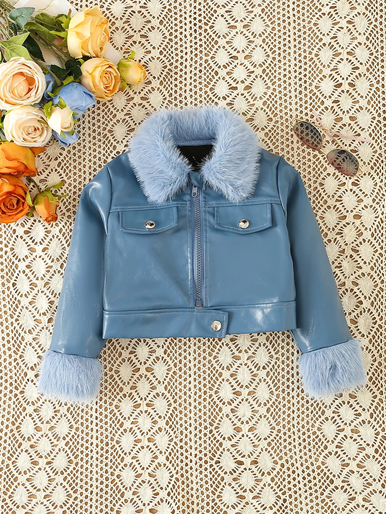 Autumn And Winter Furry Lapel Cuff Short Jacket Children Cool PU Leather Coat OOTD For Girls