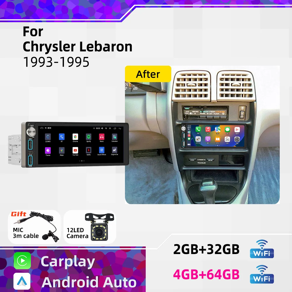 

Wireless CarPlay Android Car Stereo 6.86" 1 Din Head Unit for Chrysler Lebaron 1993-1995 Radio GPS Multimedia
