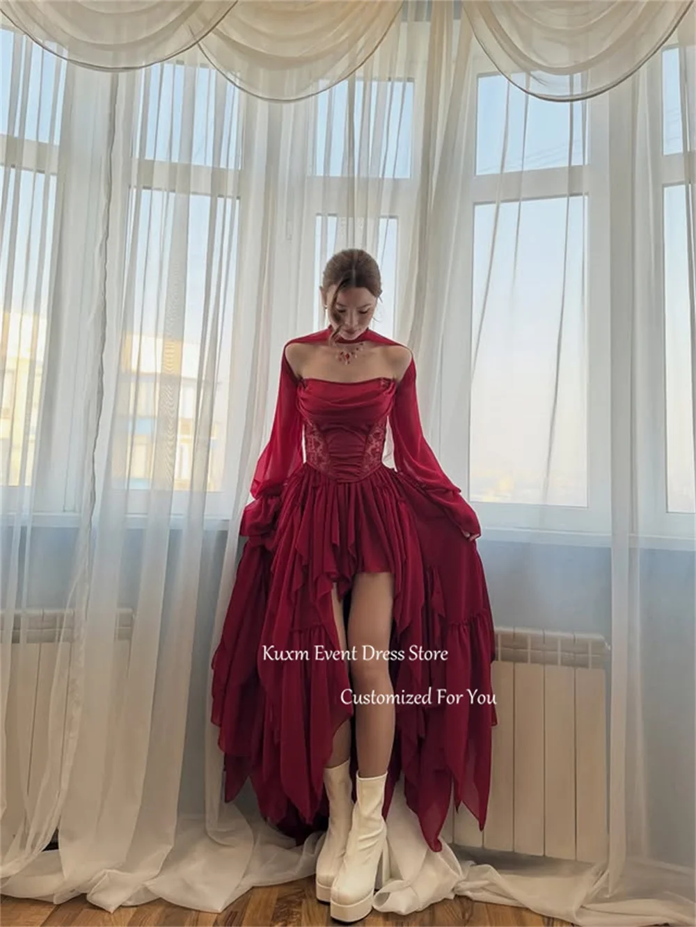 Kuxm Burgundy Strapless Women's Evening Dress High Low Chiffon Formal Party Gown Long Sleeve Lace Appliques Prom Gown Customized