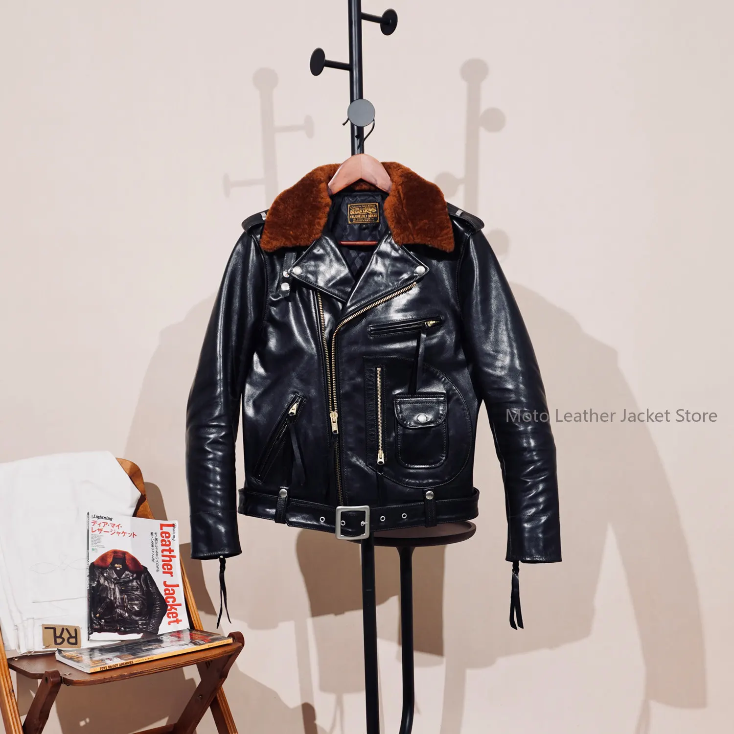 Full Vegetable Tanned & Dyed Horsehide Leather Jacket Men J24 Oblique Zip Moto Biker Short Coat American Retro Outerwear