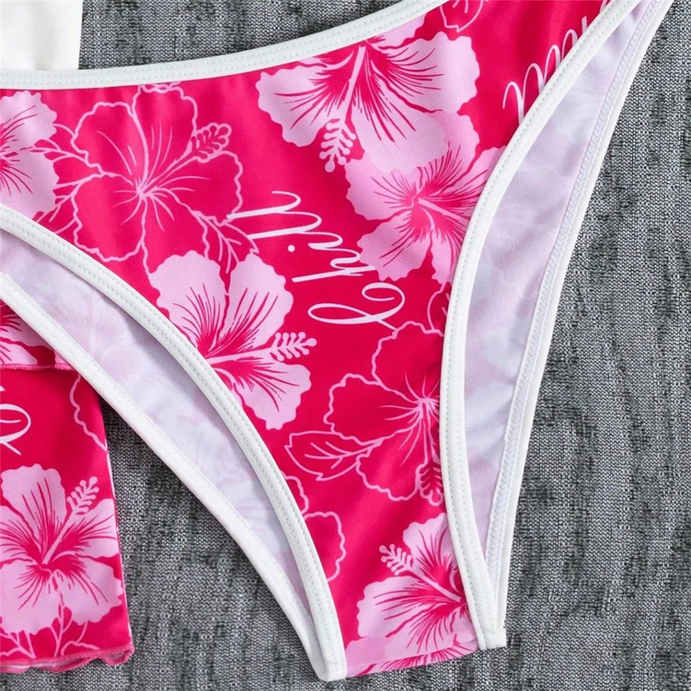 Red Flower Print Swimwear Mini Skirts Halter 3 Piece Bikini Set Cover Ups Sexy Swimsuit Women 2025 Lace-up Beachwear Bikinis