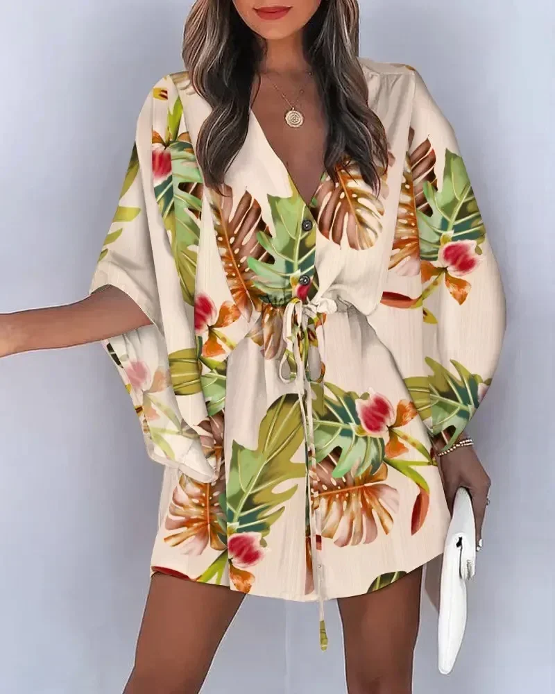 sexy  beach dress  Summer Casual Bohemia Beach Vacation Miniskirt Printed Bat Sleeve Lace up V-Neck Loose Button Party Dress