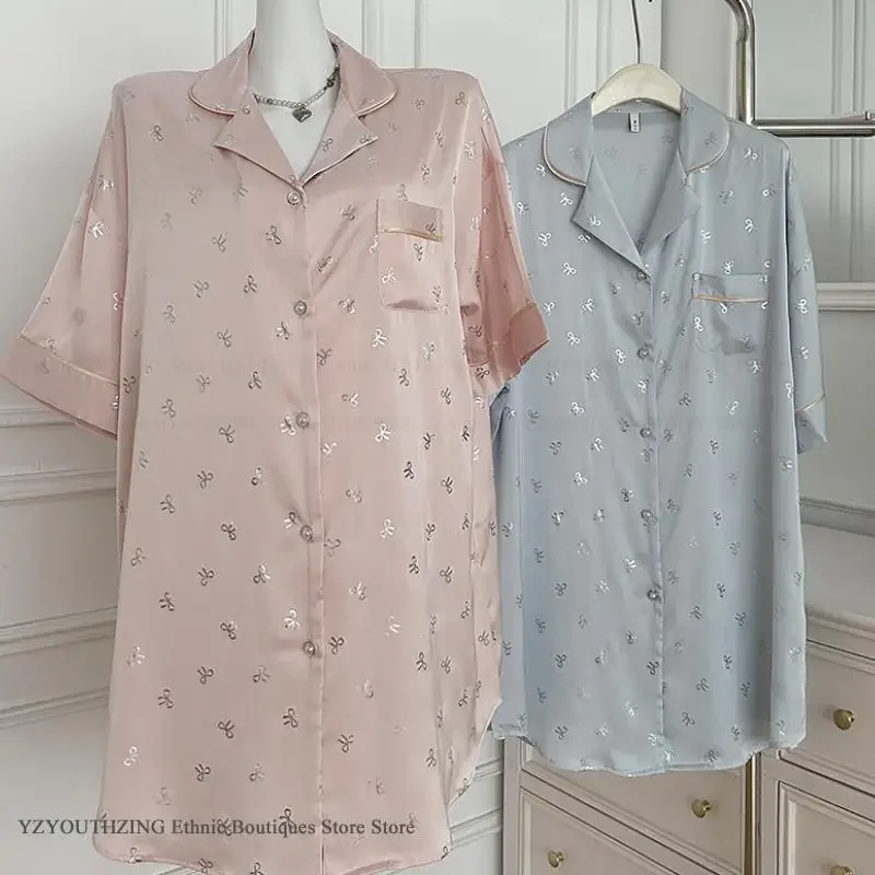 Summer New Female Sleepdress Home Dress Sexy Short Sleeve Nightgown Sleepshirt Loose Silk Satin Bronzing Nightdress Lounge Wear