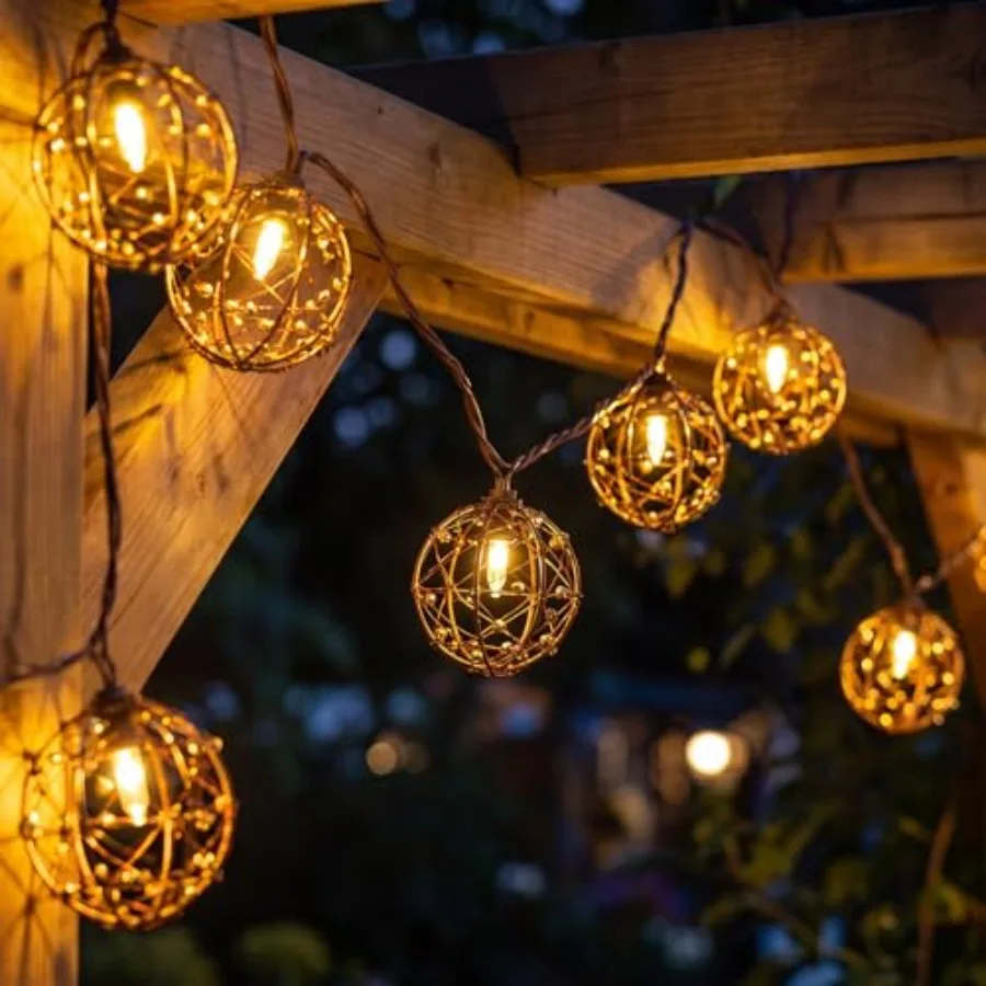 

8.5FT LED Patio String Lights, Waterproof Outdoor Lantern String Lights with 12 Bulbs, Beaded Copper Wire Ball Style, Connectab